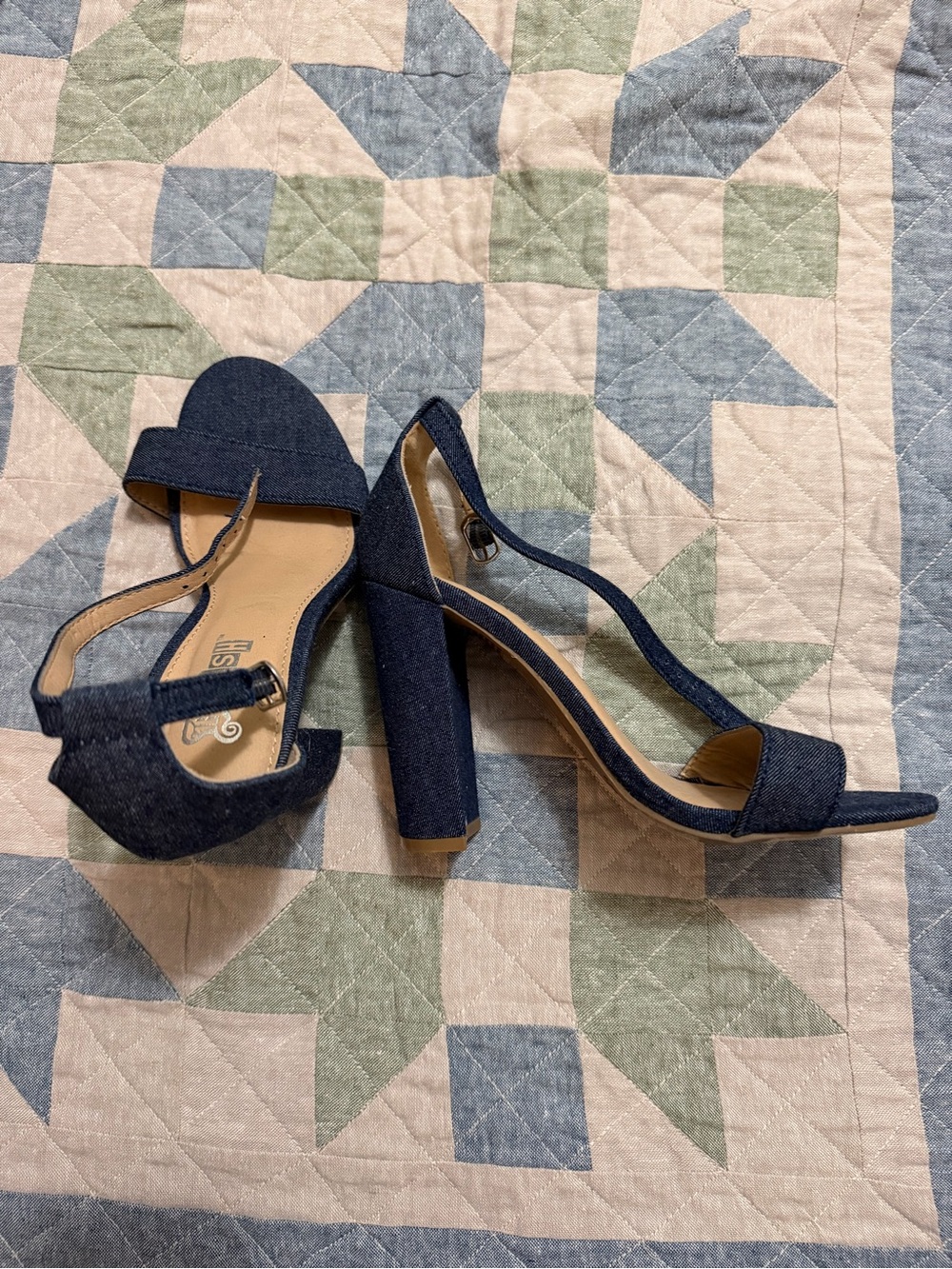 Brash Denim-Look Open-Toe Block Heel Sandals in Navy